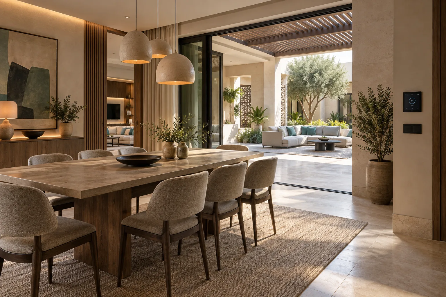 A connected courtyard home opening onto a shaded terrace