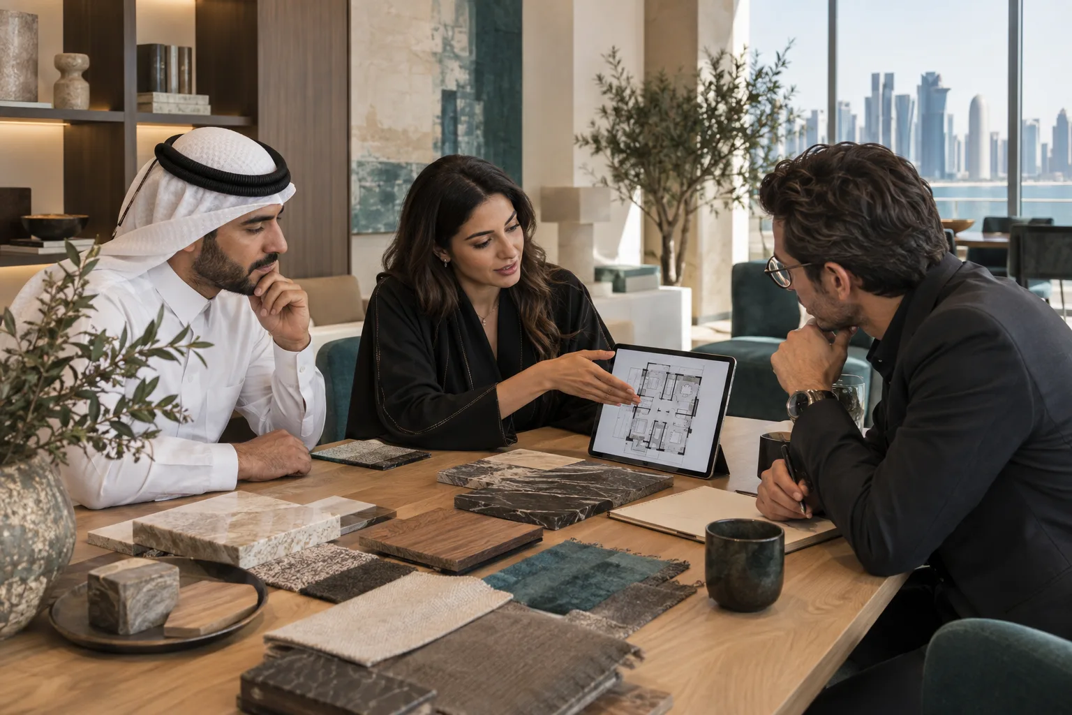 Design professionals discussing home plans and technology