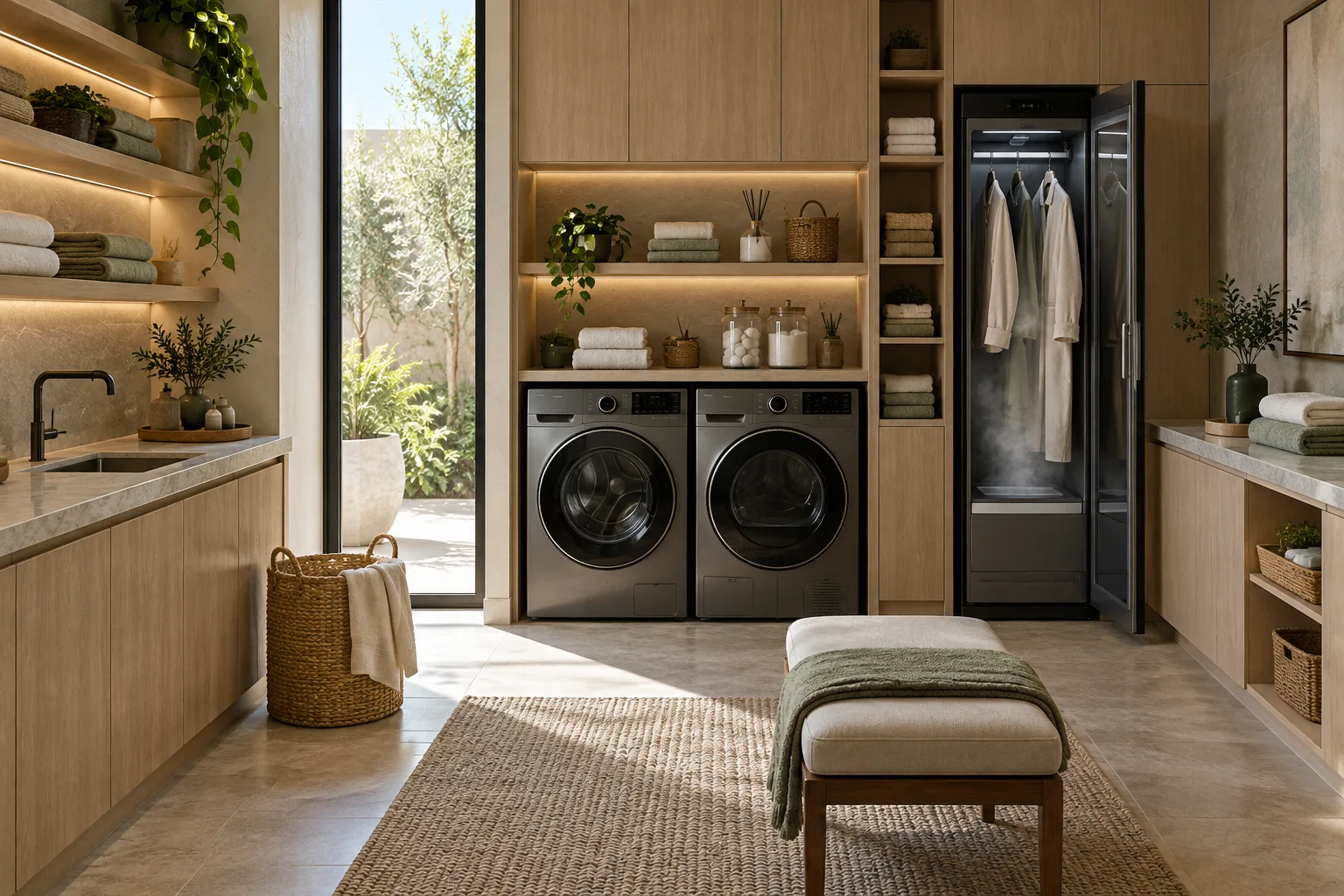 Dedicated laundry room with washer, dryer and garment care cabinet