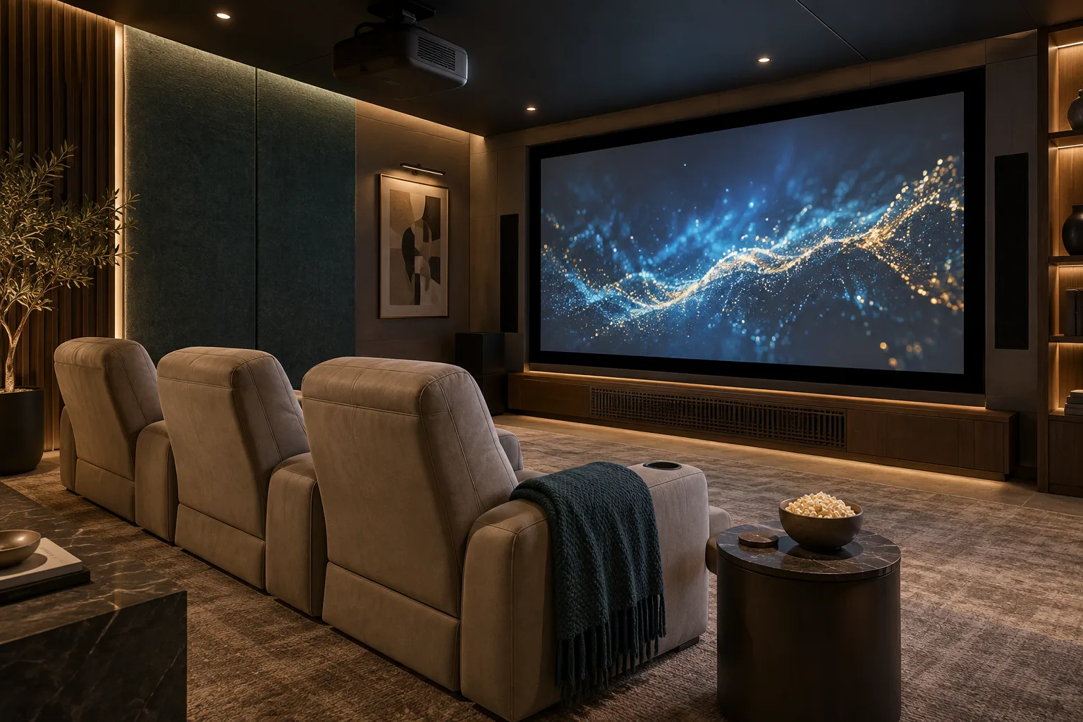Dedicated home cinema with projector and acoustic panels