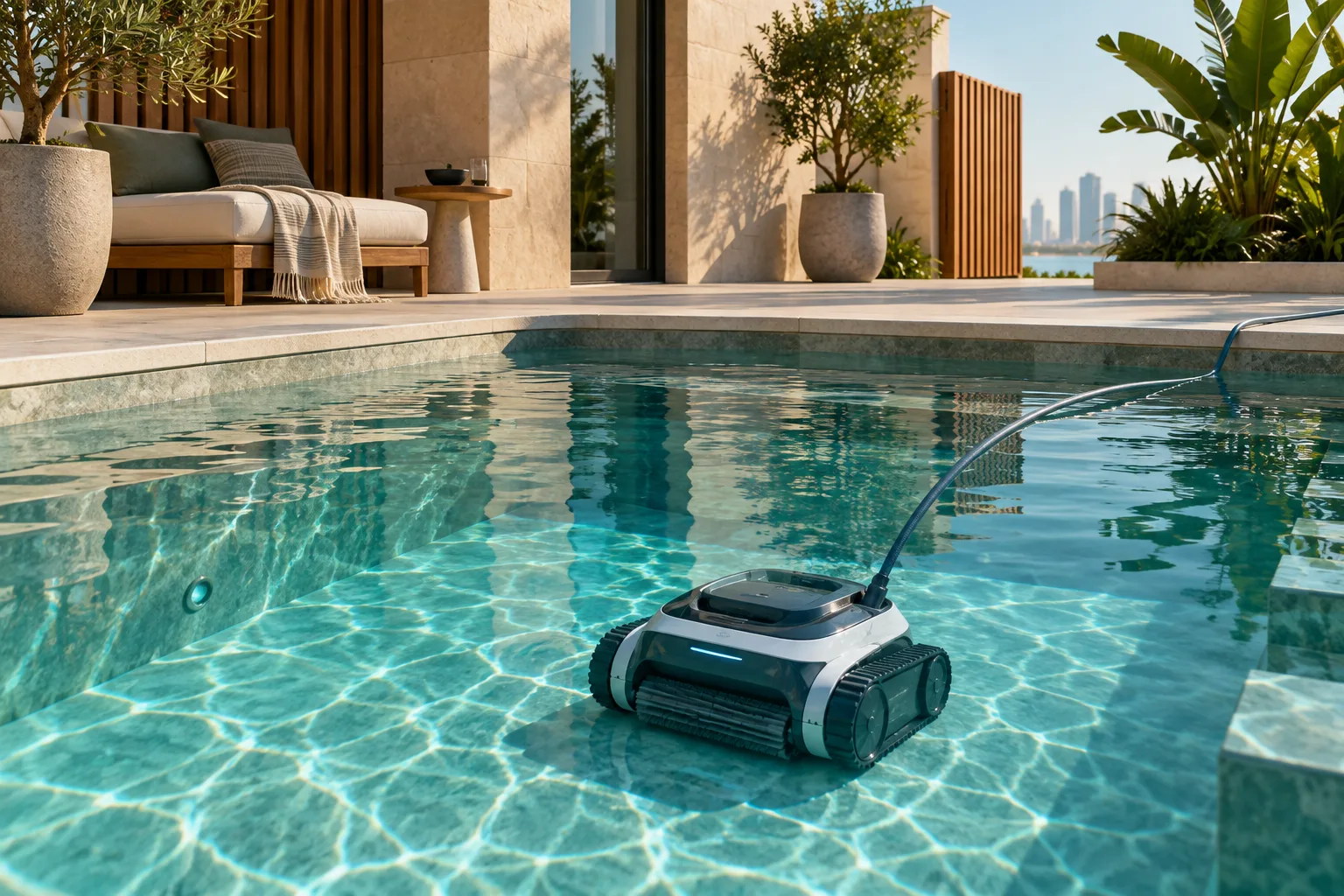Automated pool-cleaning robot beneath clear water