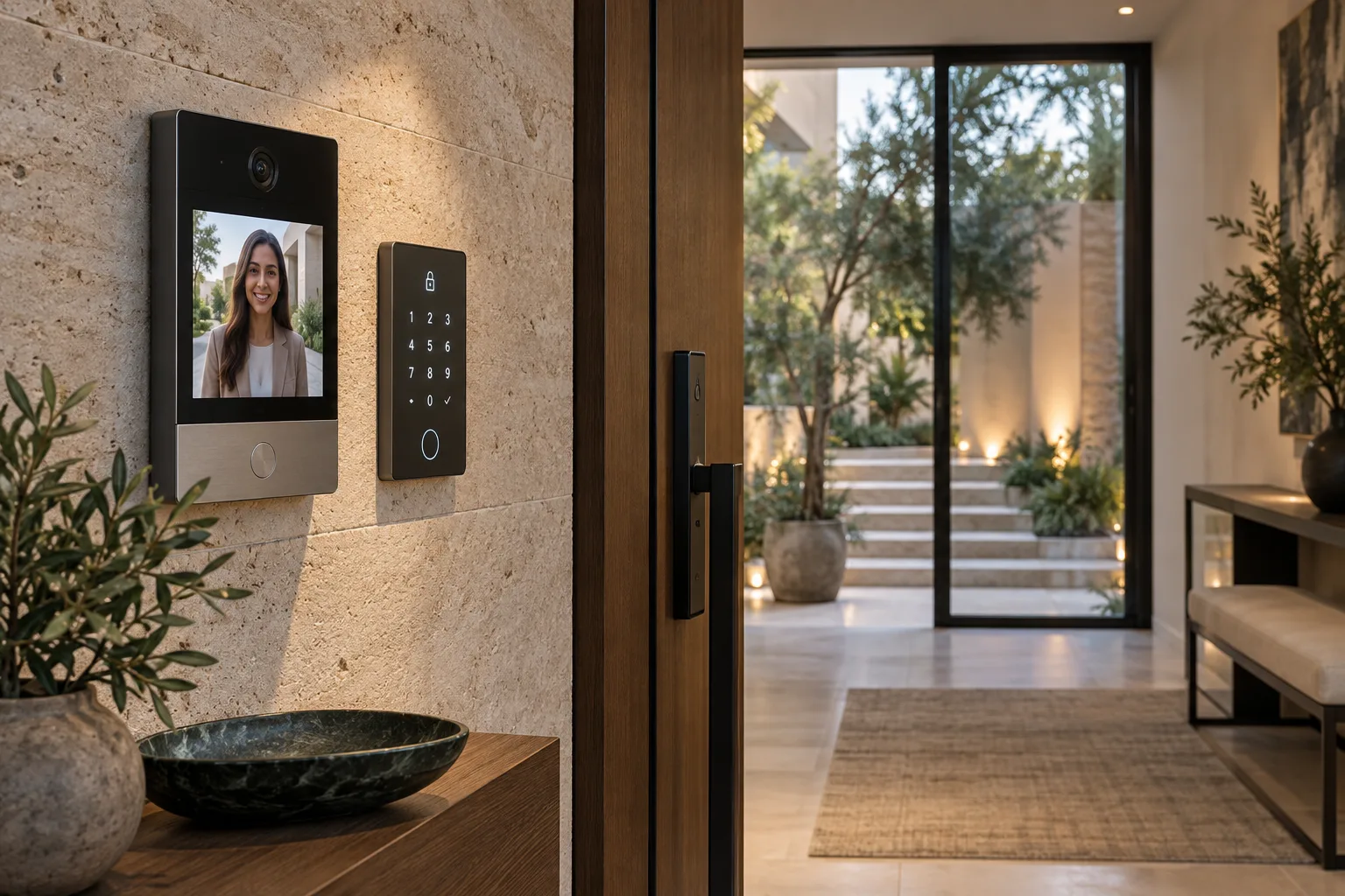 Video intercom and alarm keypad in a residential entrance