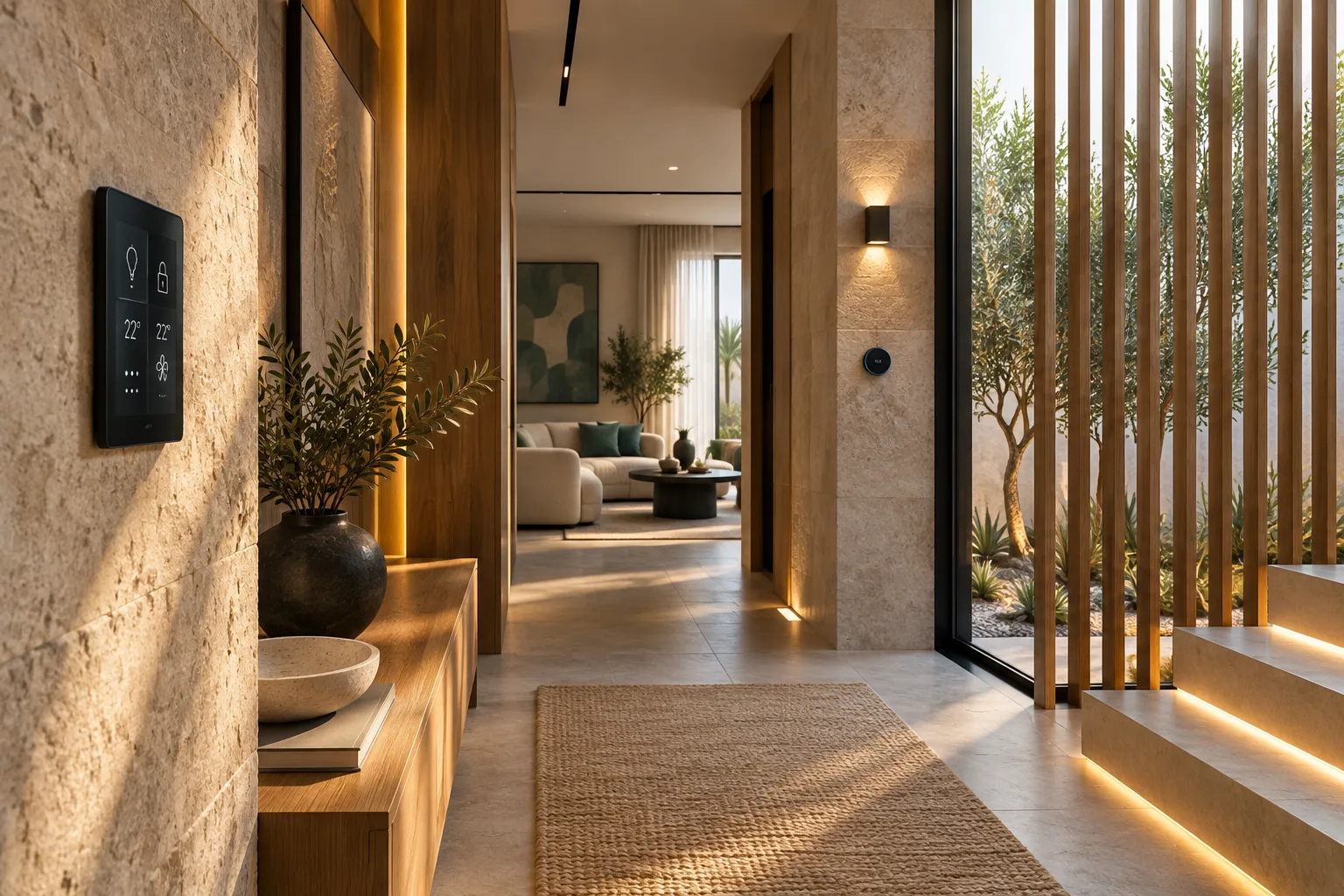 Connected lighting and controls in a contemporary villa hallway