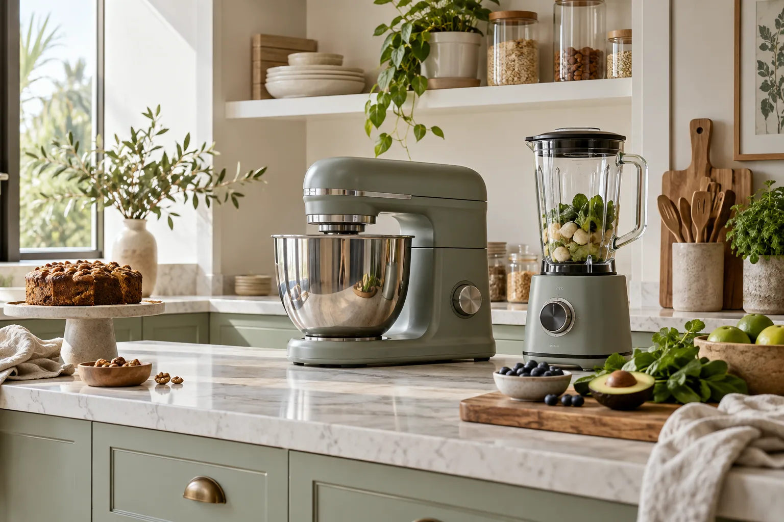 Countertop mixer and blender in a bright breakfast pantry