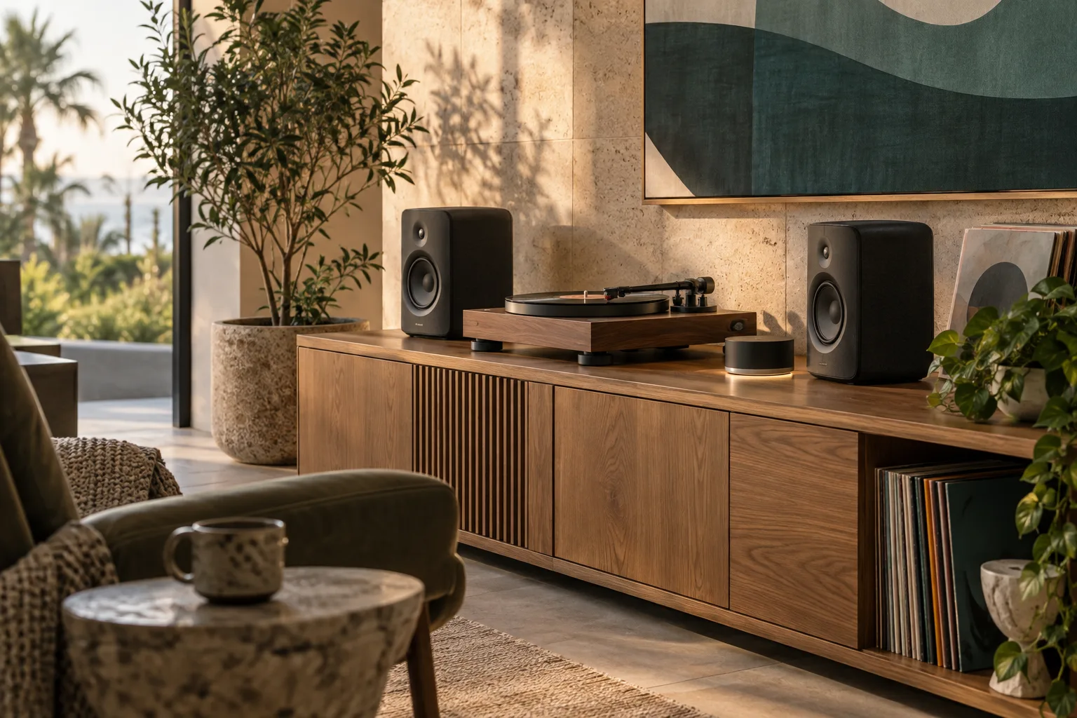 Turntable and wireless audio equipment in a home music room