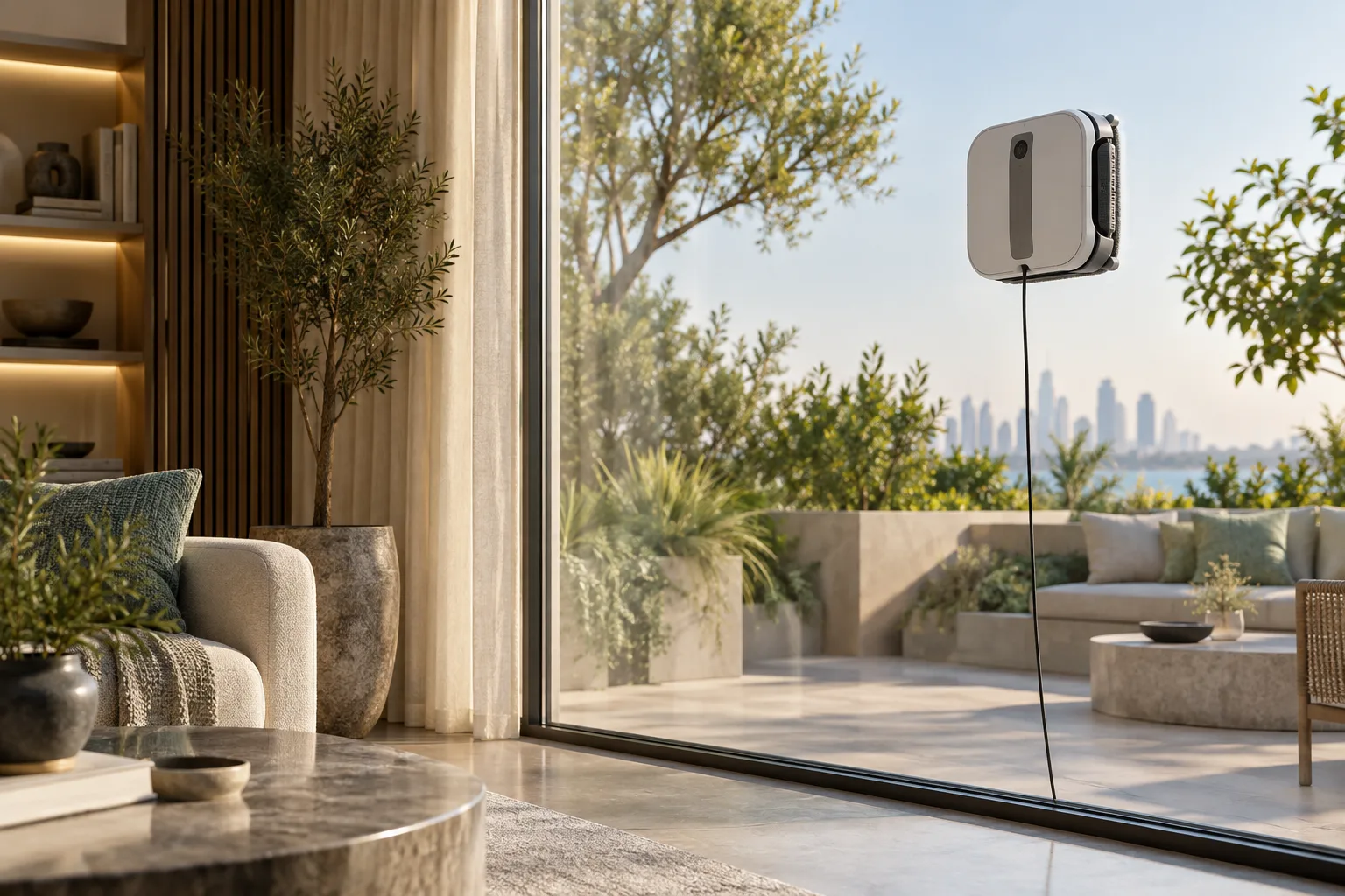 Robotic window cleaner on a glazed residential terrace