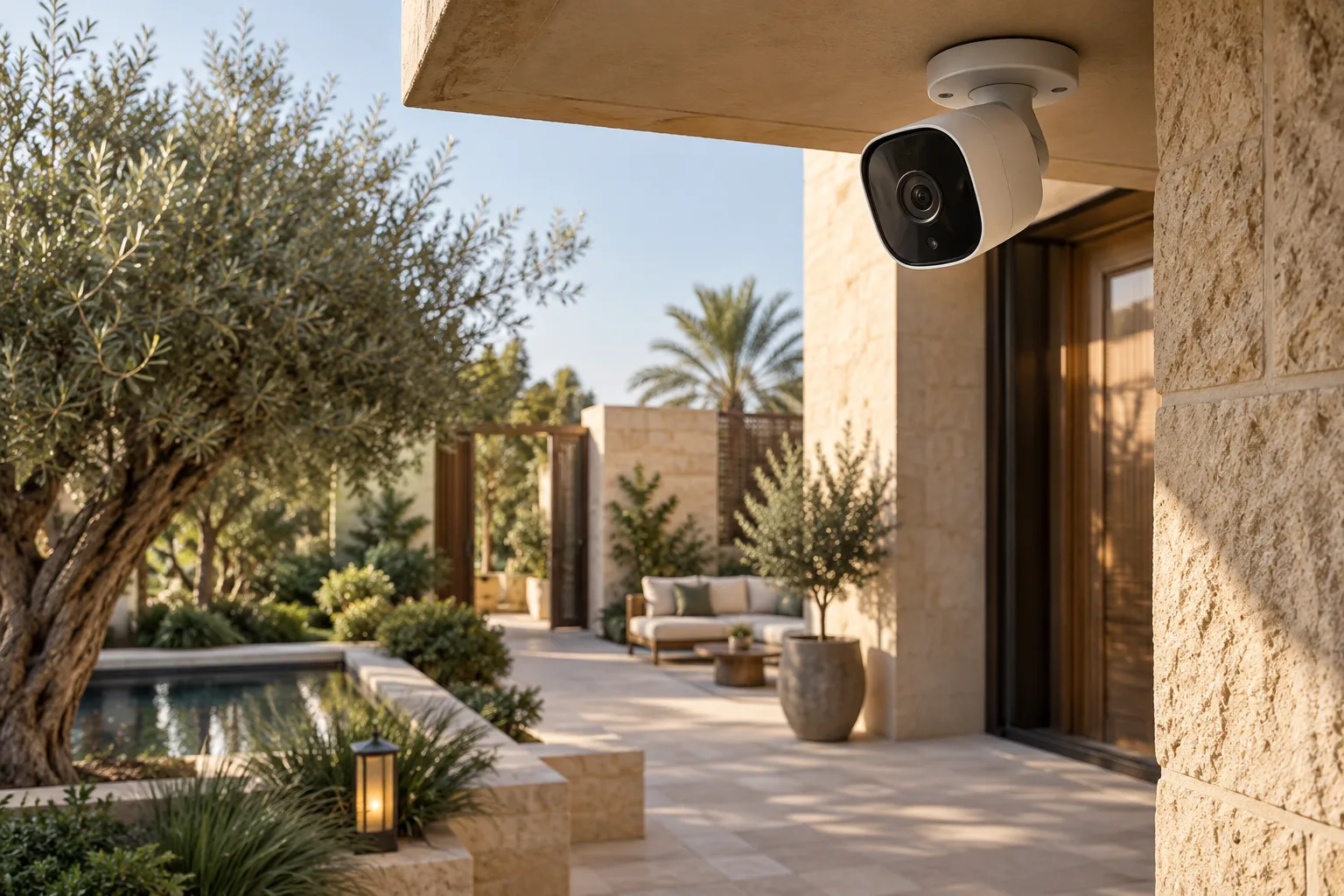 Outdoor security camera overlooking a shaded courtyard