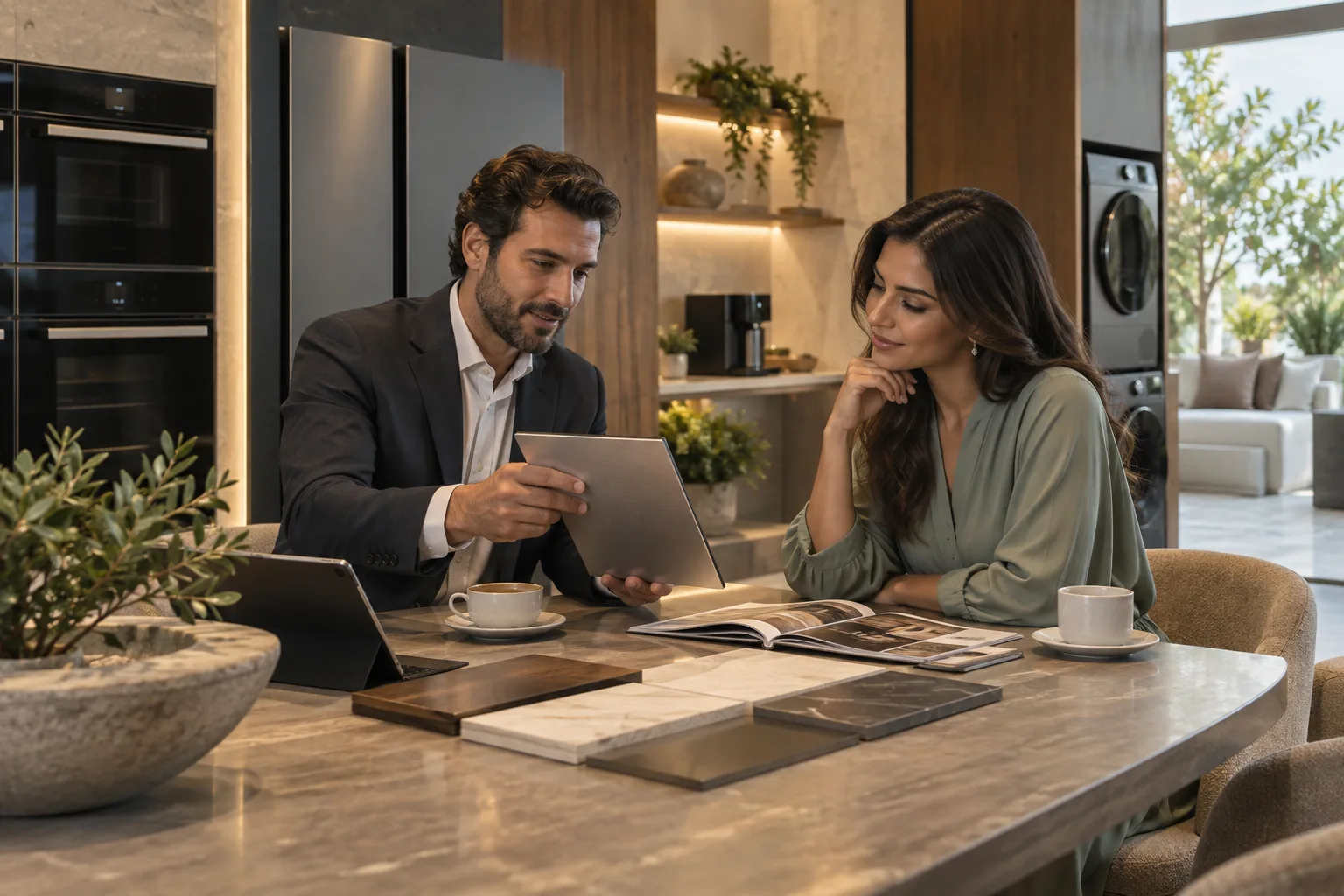 A supplier and project buyer discussing appliance finishes