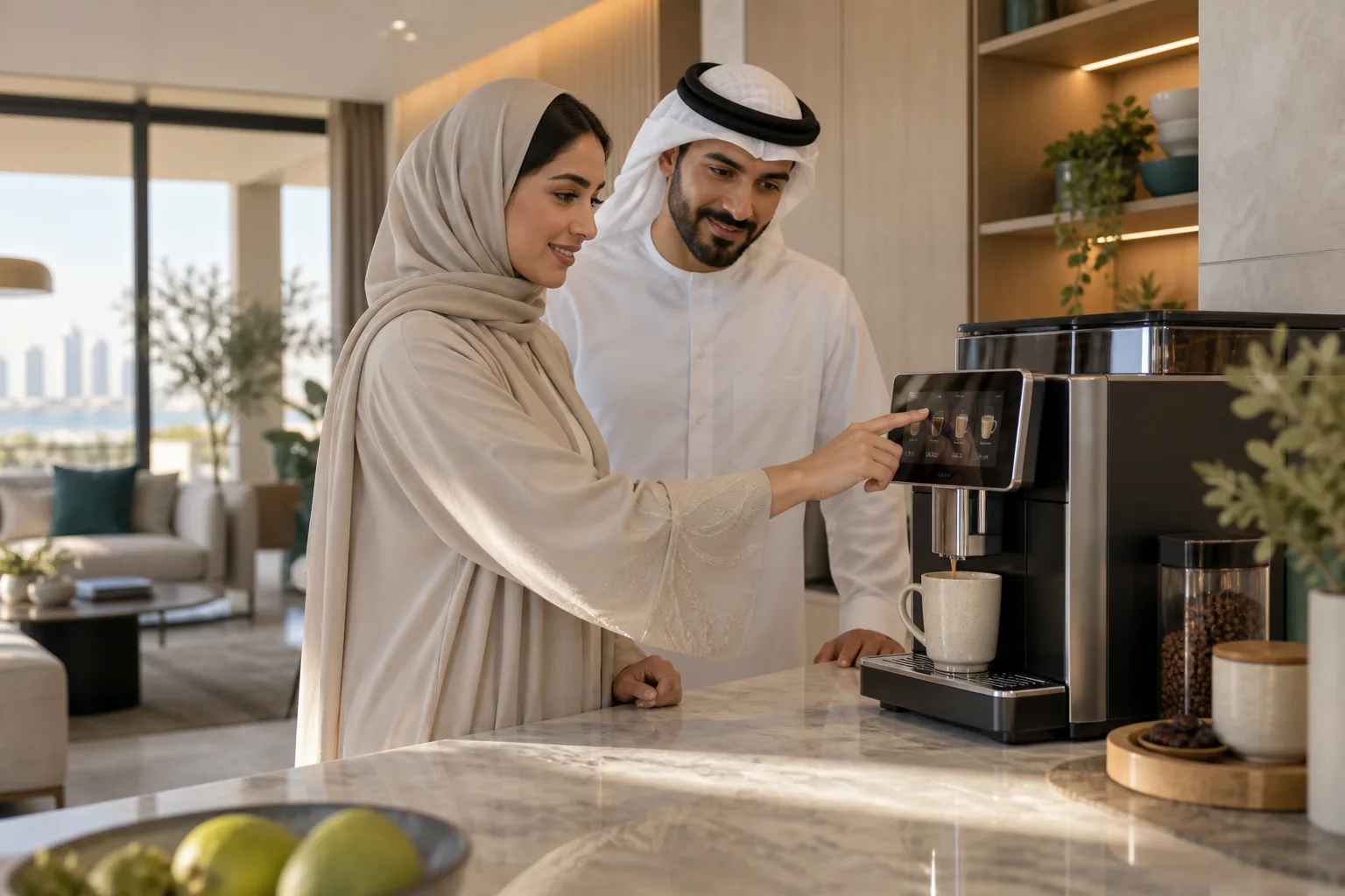 Homeowners exploring a connected coffee machine in a contemporary kitchen
