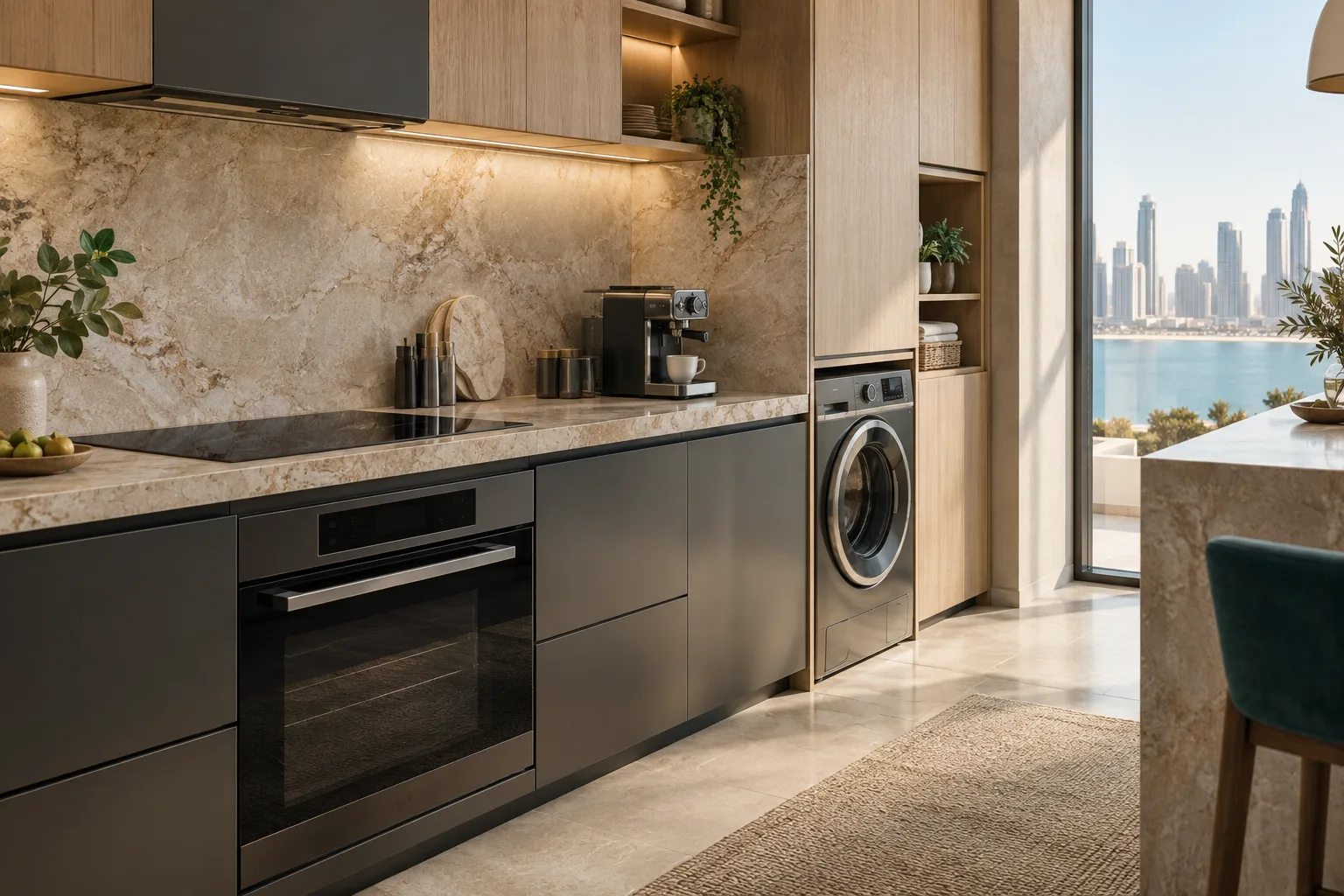 Integrated kitchen and laundry appliances in a warm contemporary home
