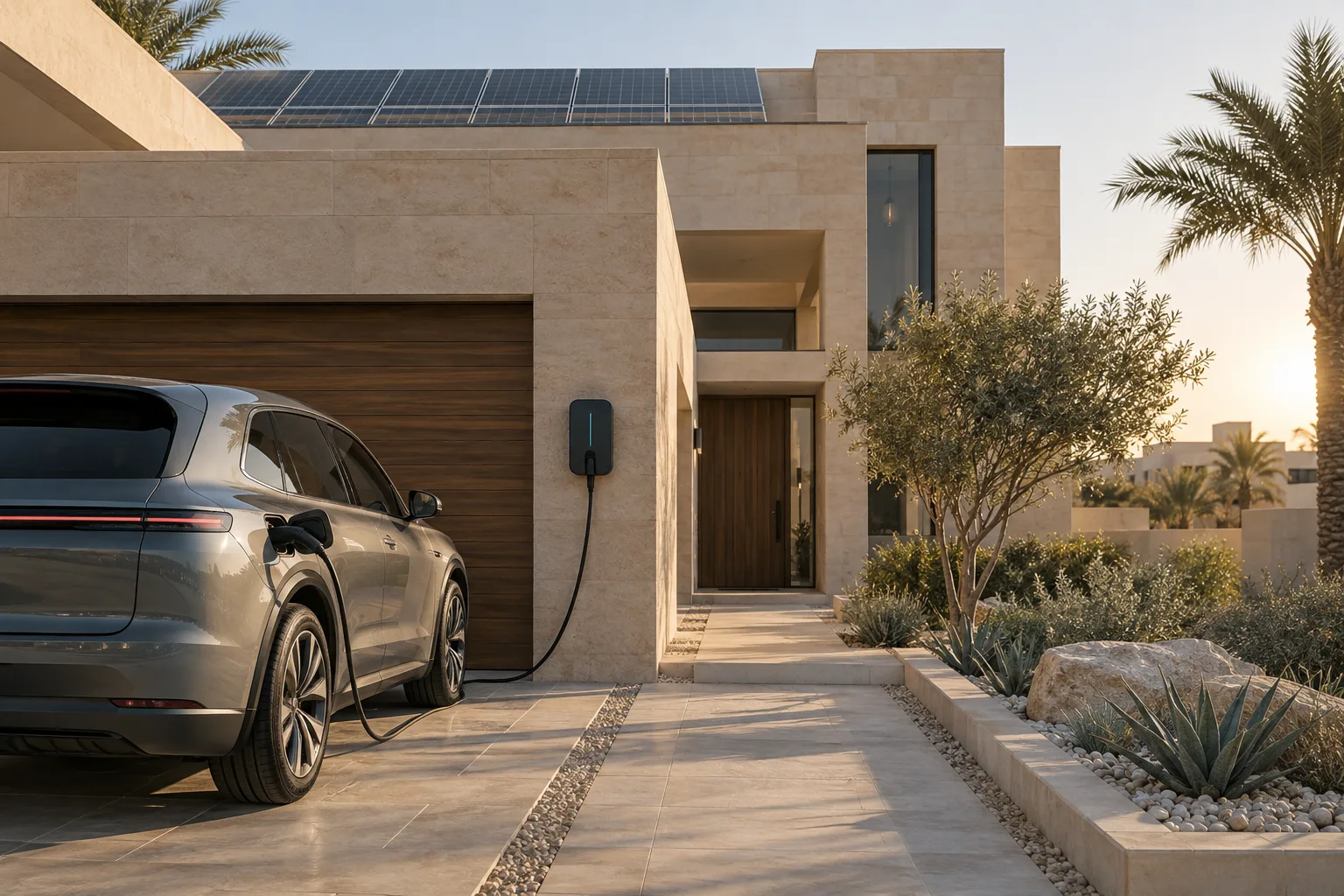 Electric car charging at a villa equipped with rooftop solar panels