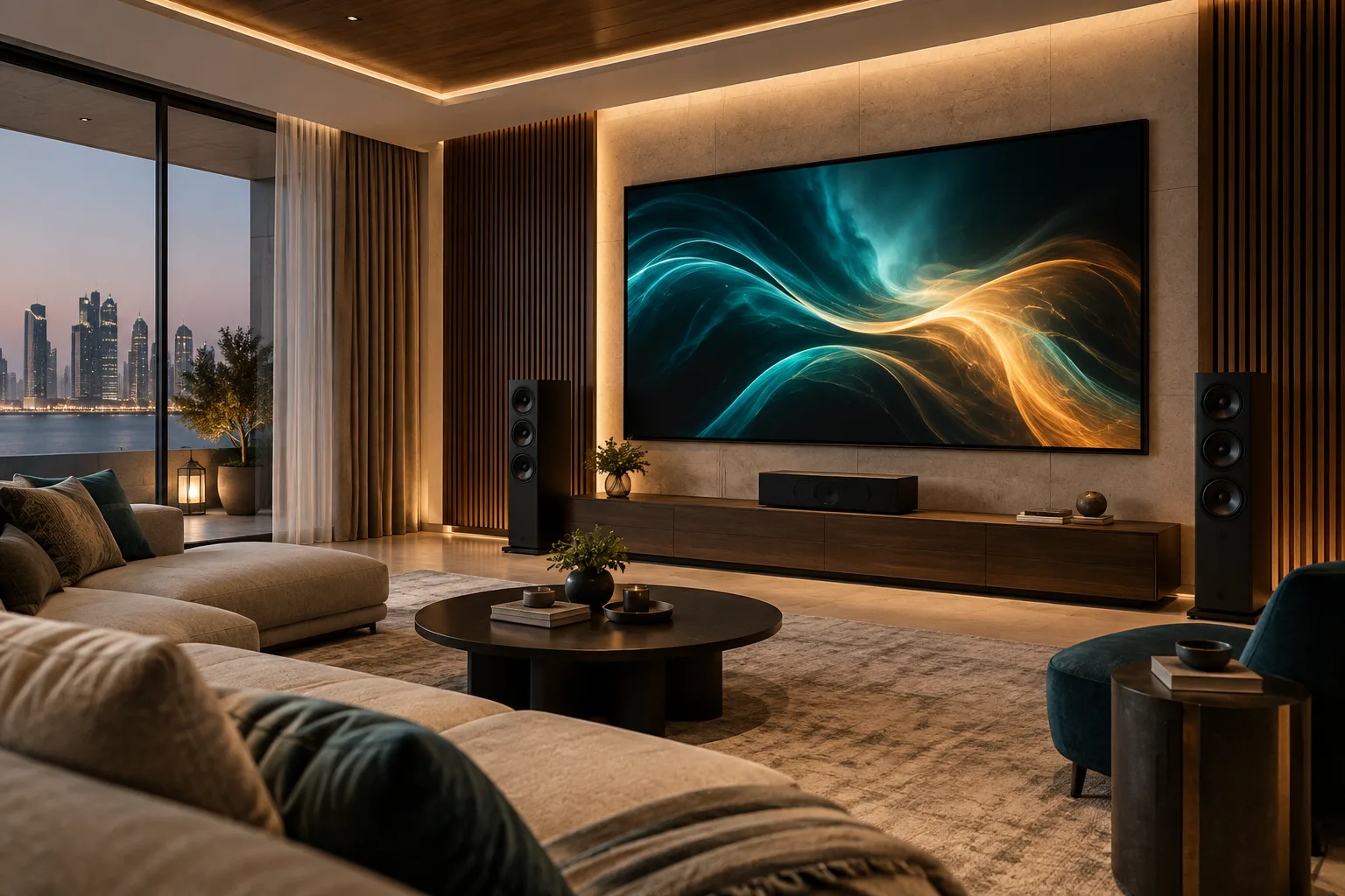 Residential home cinema with a large display and immersive audio equipment