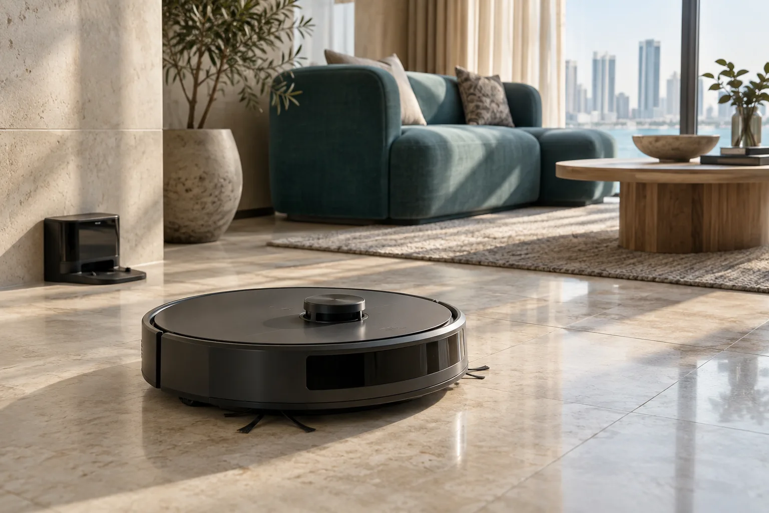 Robot vacuum and charging dock in a contemporary living room