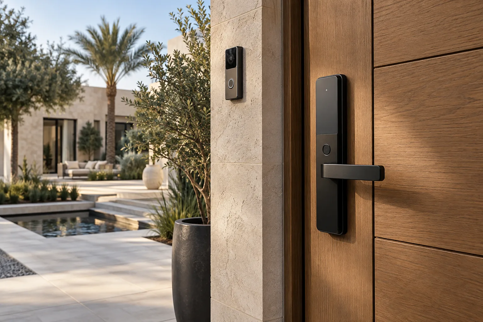 Electronic smart lock and video doorbell at a modern villa entrance