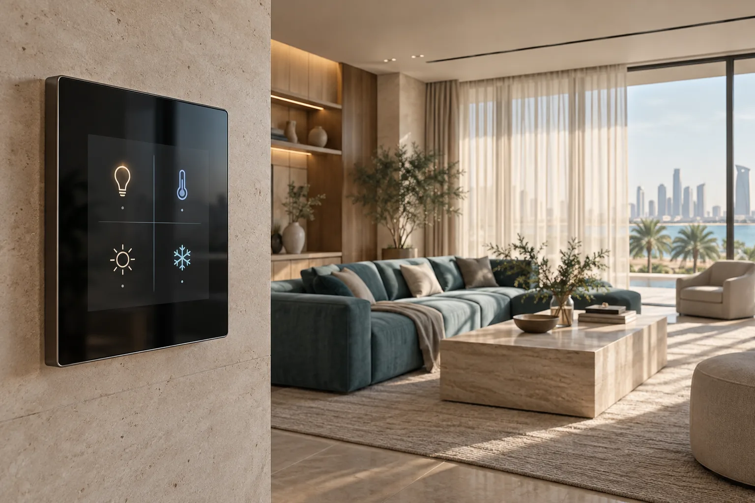 Wall-mounted smart-home controller overlooking a connected living room