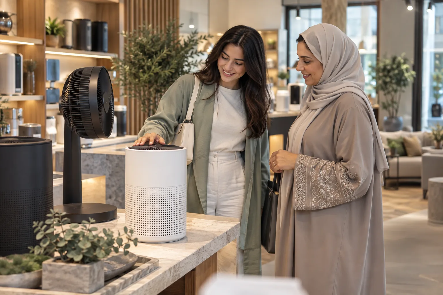 Two homeowners comparing air-care appliances