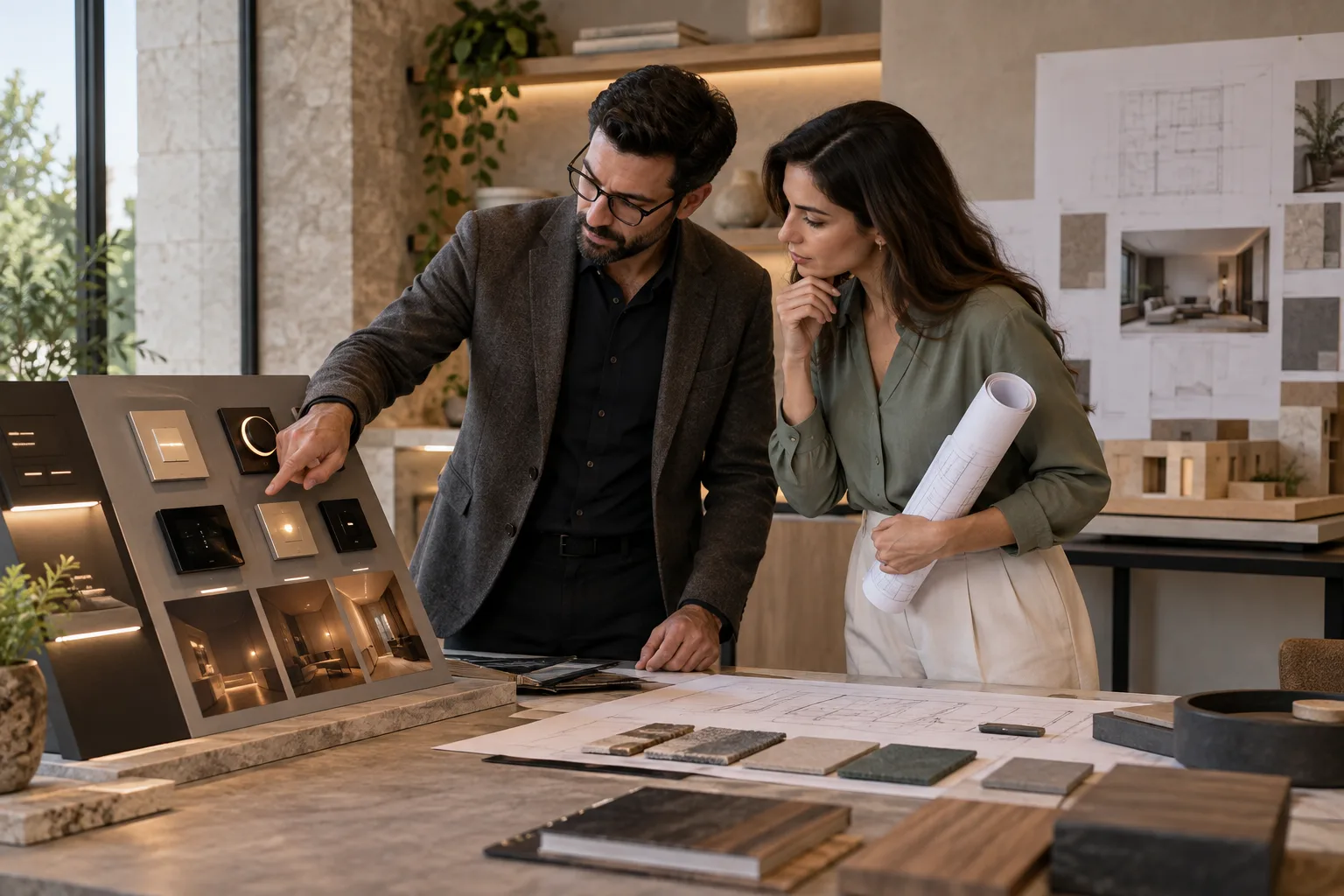 Architects studying a smart lighting control board
